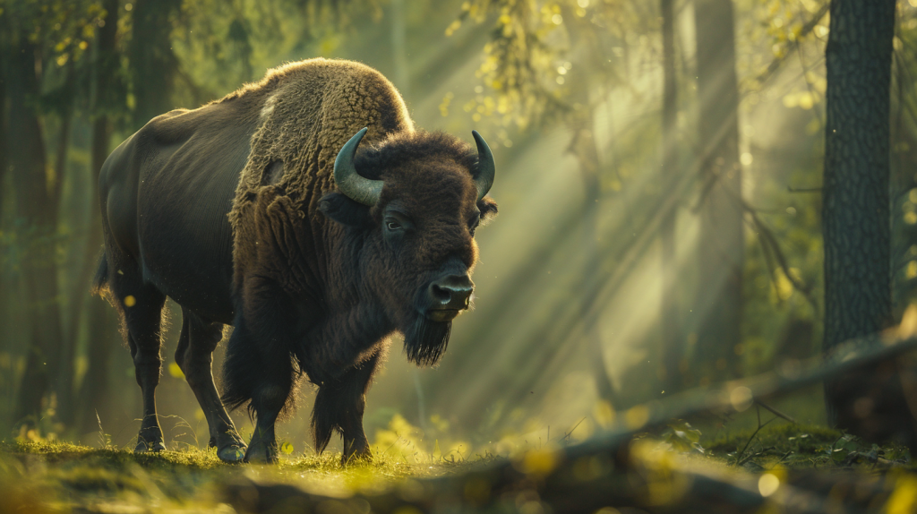 Bison européen forêt soleil